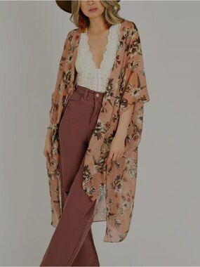 Joyfolie Dusty Rose Floral Bohemian Kimono Sz L